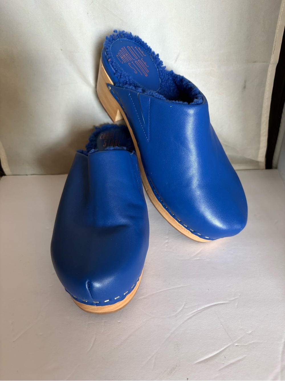 Charlotte Stone Royal Blue Leather Fur-Trim Clogs 7